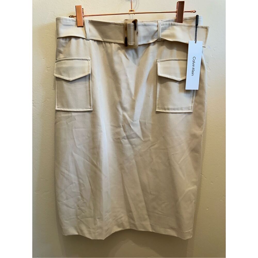 🌸 Calvin Klein Pale Yellow Belted Pencil Skirt Size 8 New